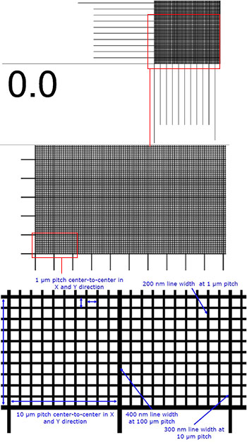 Details EM-Tec M-1 mit 1 µm Grid-Raster Teilung für 100x bis 10.000x Vergrößerung.
